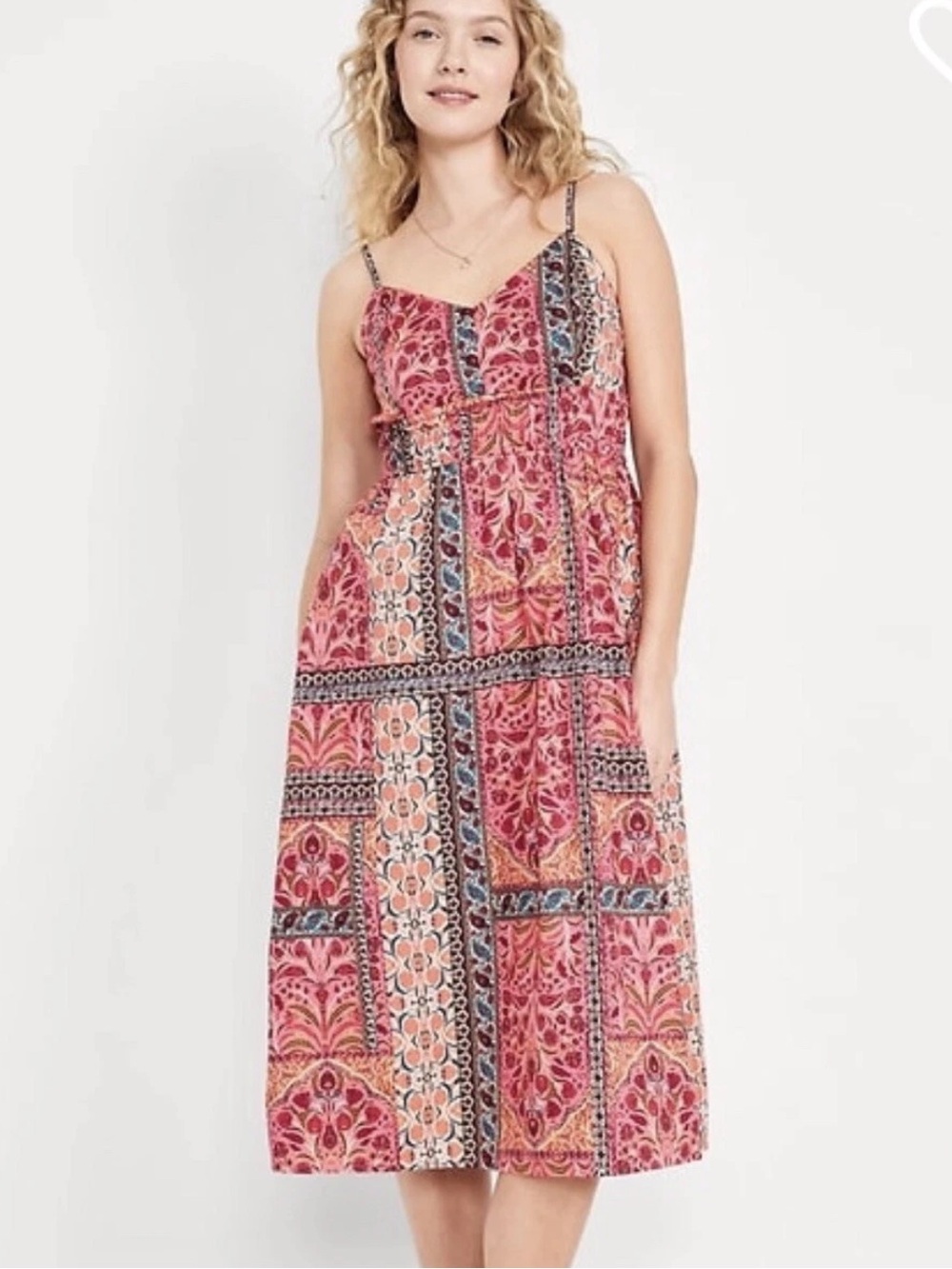 Old Navy Waist-Defined Cami Midi Dress Size 2X Coral Pink Print
